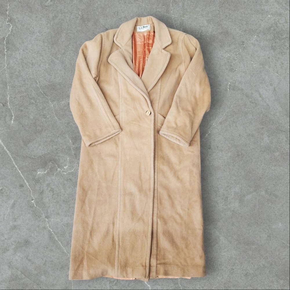 Vintage L.L Bean Trench Coat Womens Large Tan Wool Long Overcoat Pea Casual